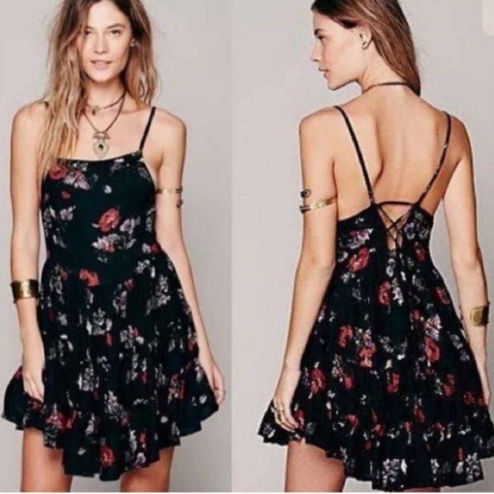 SOLD Free People Intimately "Circles of Flowers" slip dress Black Floral Dress M